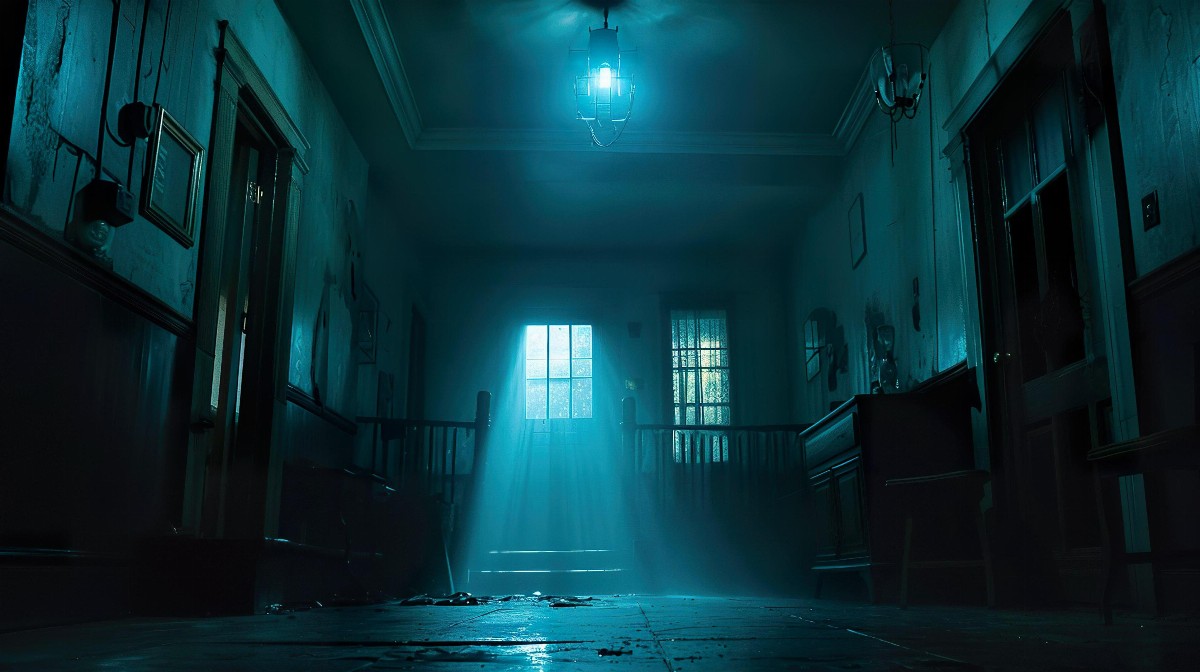 Dark haunted house with eerie lighting
