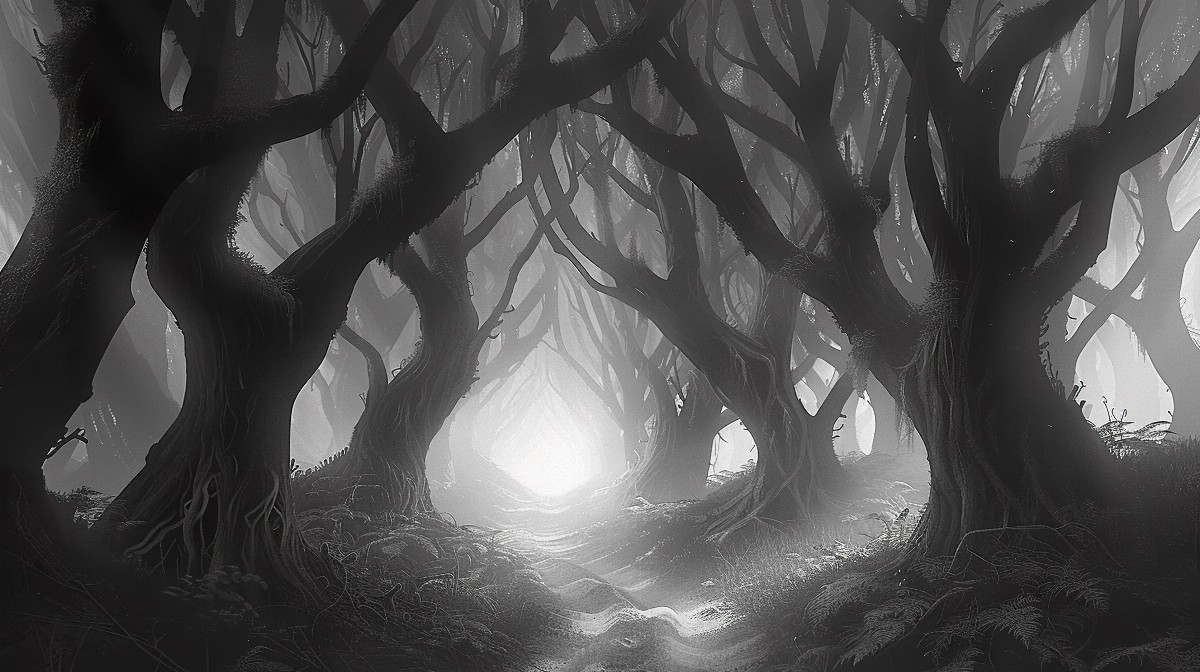 Misty forest with ghostly shadows