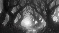 Eerie Mist-Shrouded Forest Ghostly Shadows Wallpaper