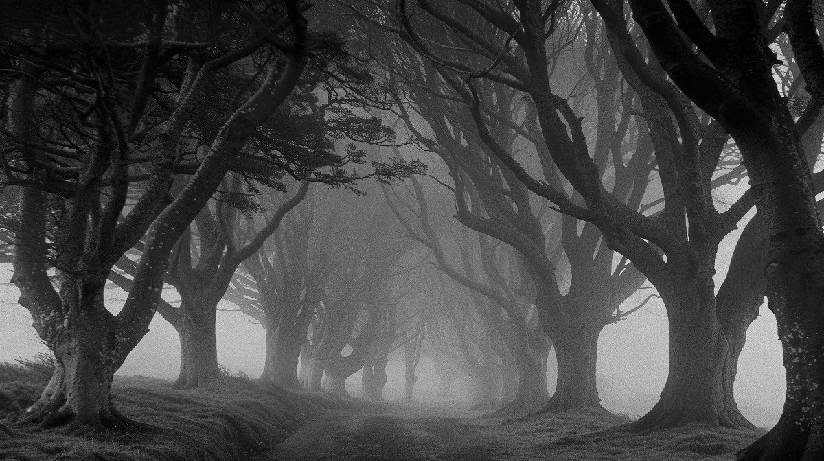Misty forest with ghostly shadows