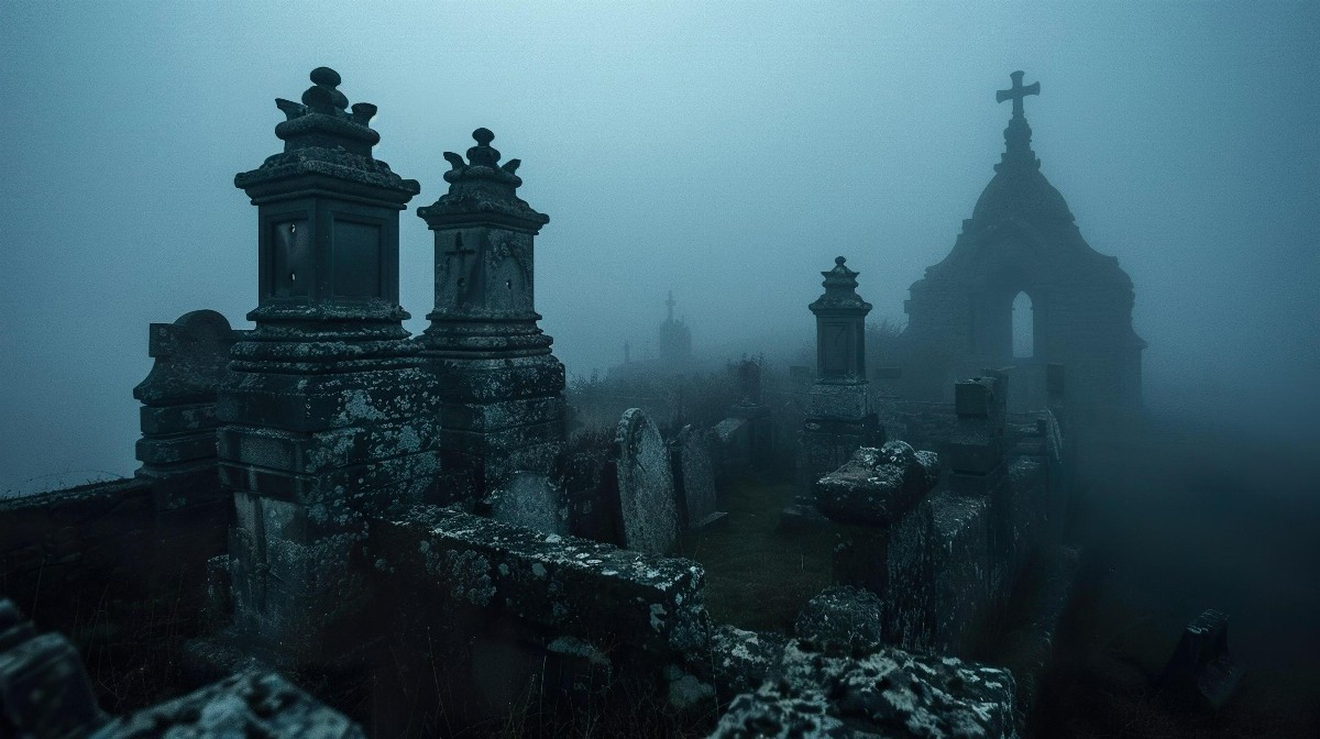Misty graveyard with ancient tombstones
