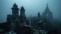 Eerie Mist-Shrouded Graveyard Scene Wallpaper