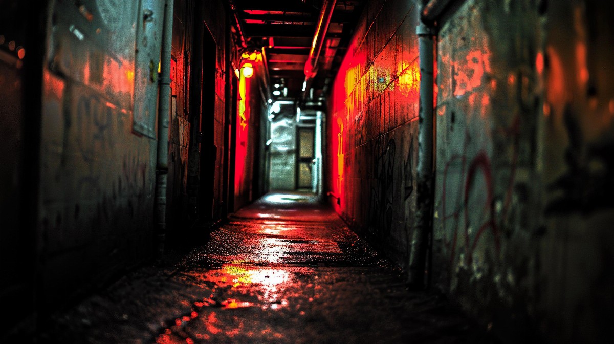 Neon-lit cyberpunk alleyway at night