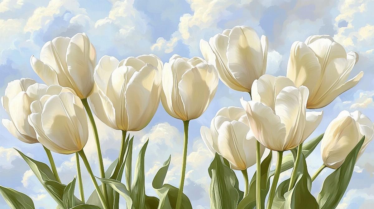 Illustration of creamy white tulips with pale yellow accents against a cloudy sky.