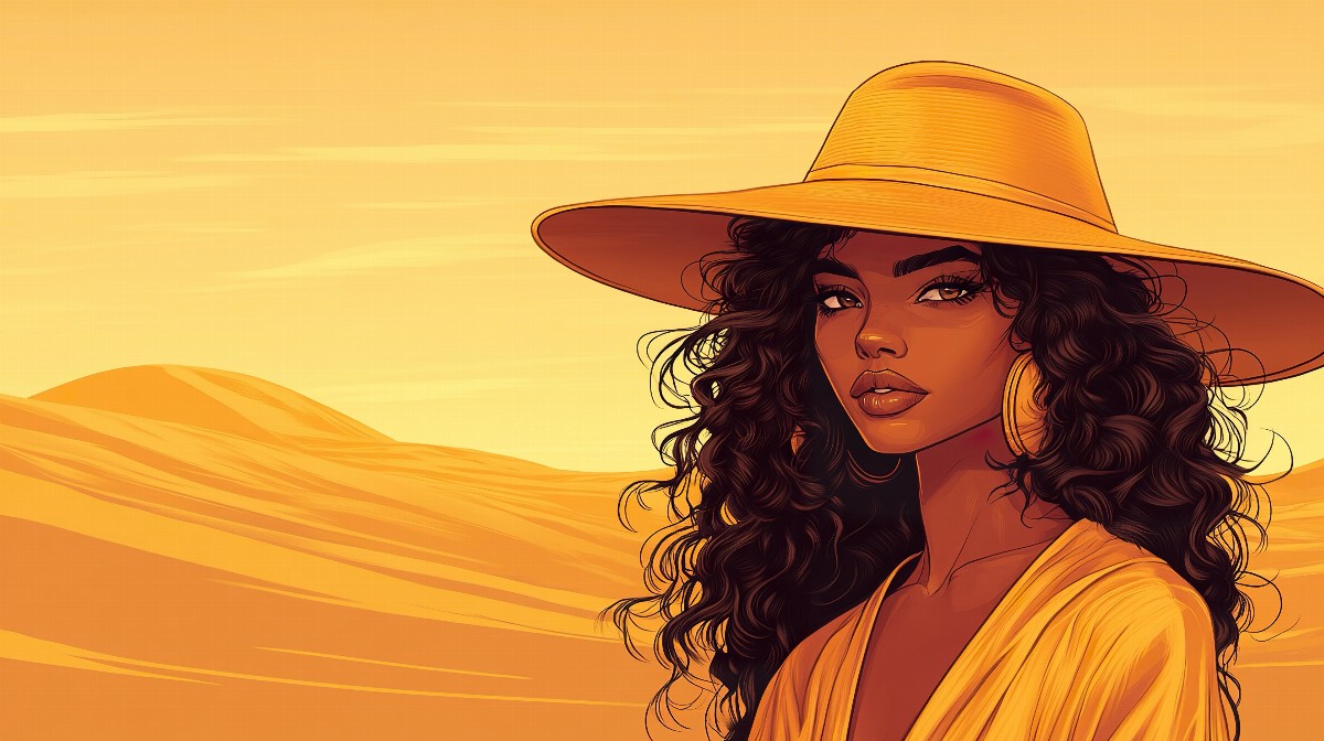Illustration of a woman with dark curly hair wearing a wide-brimmed hat in a desert setting.