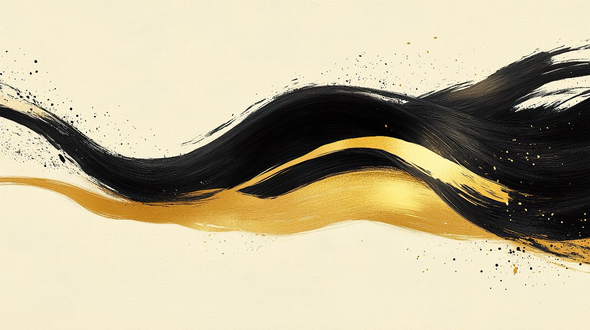 Flowing black and gold brushstrokes on a light background