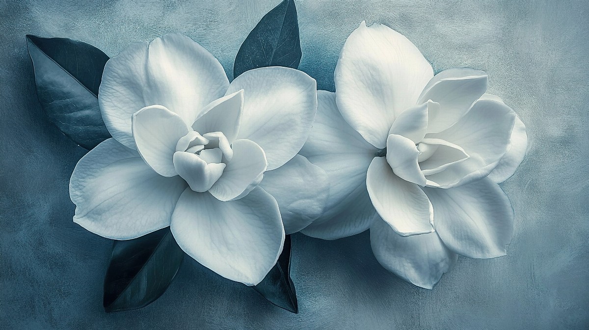 Two white gardenias with dark green leaves on a soft blue background.