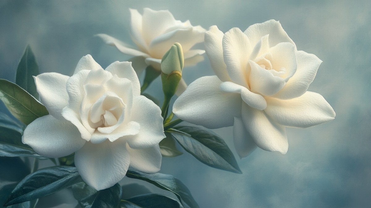 A painterly illustration of white gardenias with green leaves.