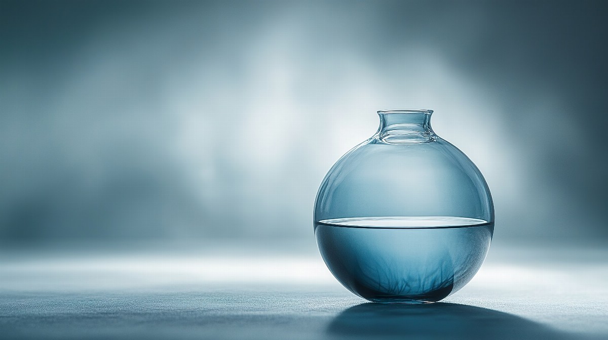 A glass vase half-filled with water on a blue background.