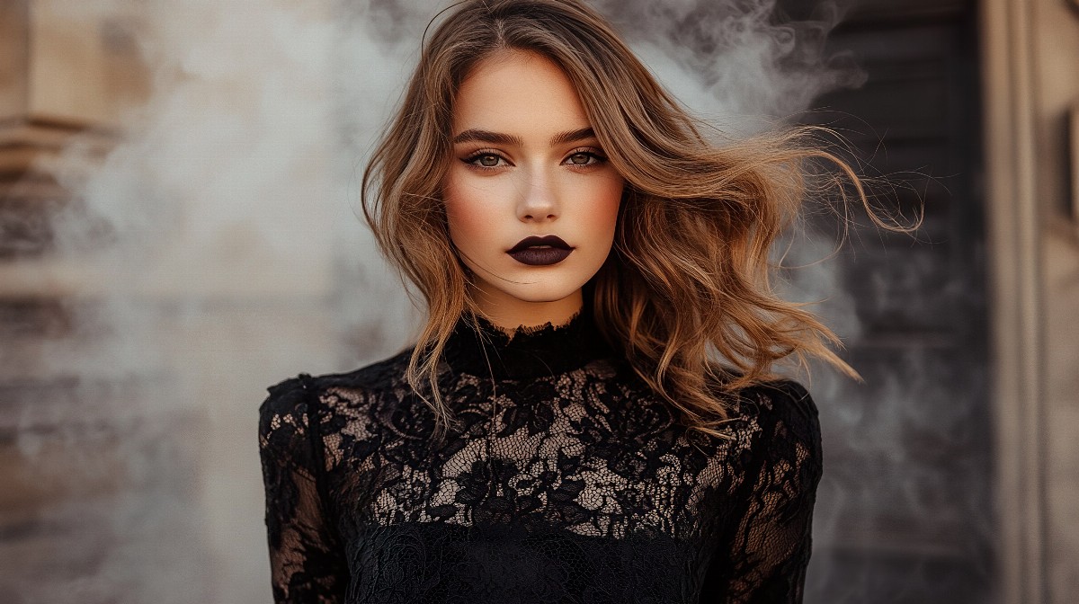 Woman in a black lace dress with dark lipstick, standing in front of a smoky background.