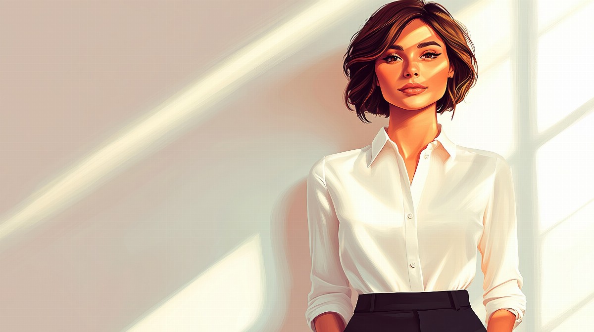 Illustration of a woman with short bobbed hair in a white shirt, standing in a sunlit room.
