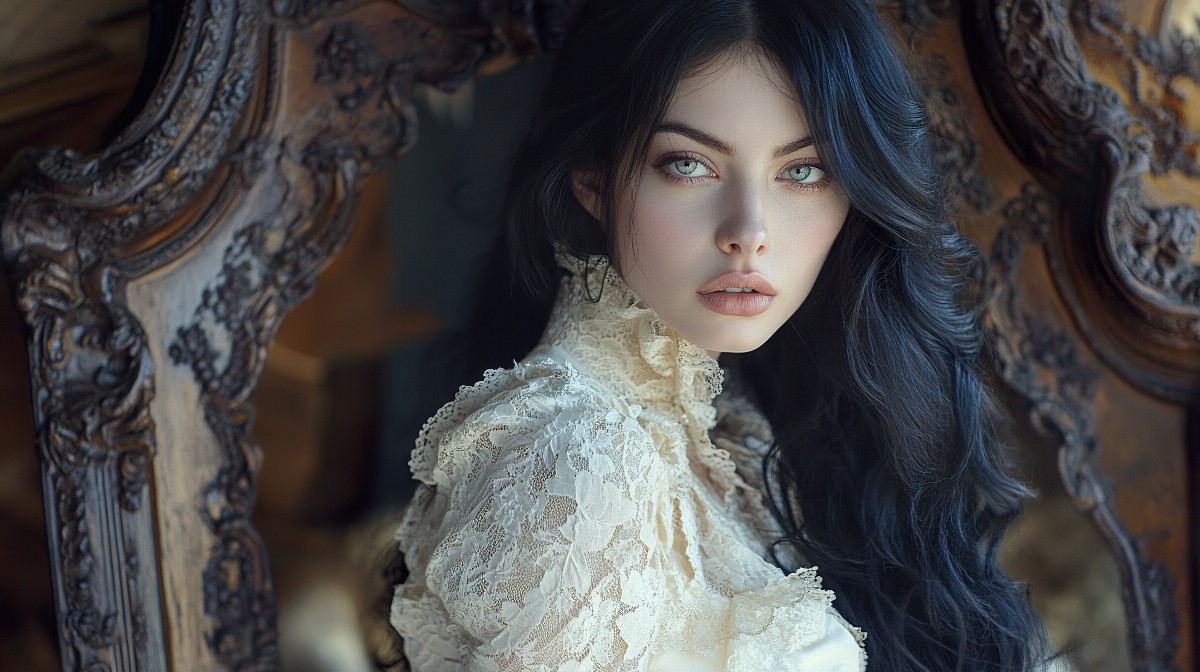 Woman with long black hair in vintage lace dress, ornate background.