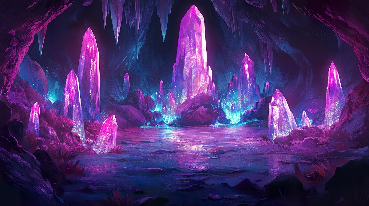Illustration of a hidden cave filled with glowing crystals and soft light.