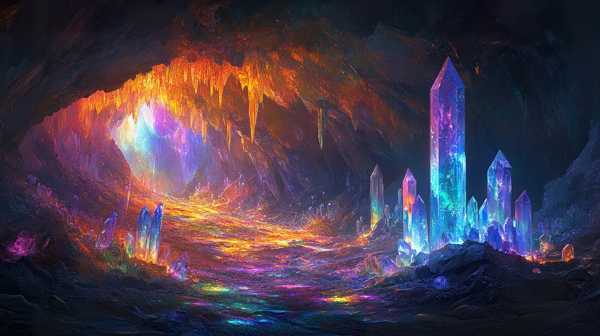 Illustration of a cave with colorful crystals and glowing light.