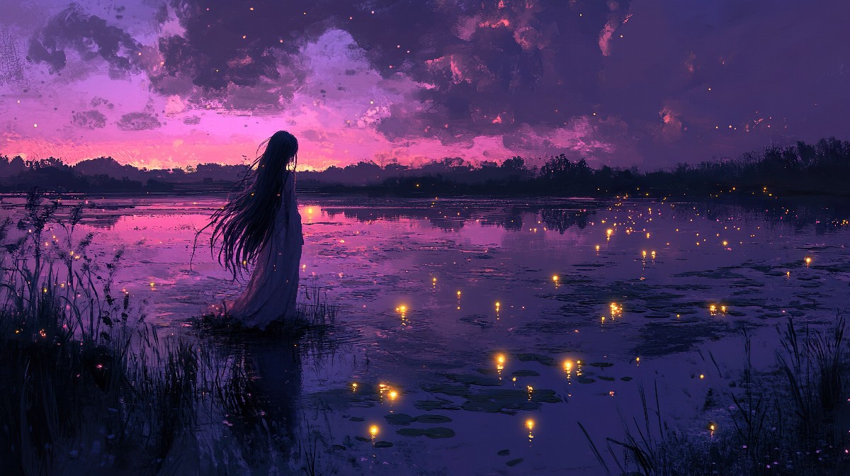 Girl with long hair standing by a lake at twilight with glowing lights.