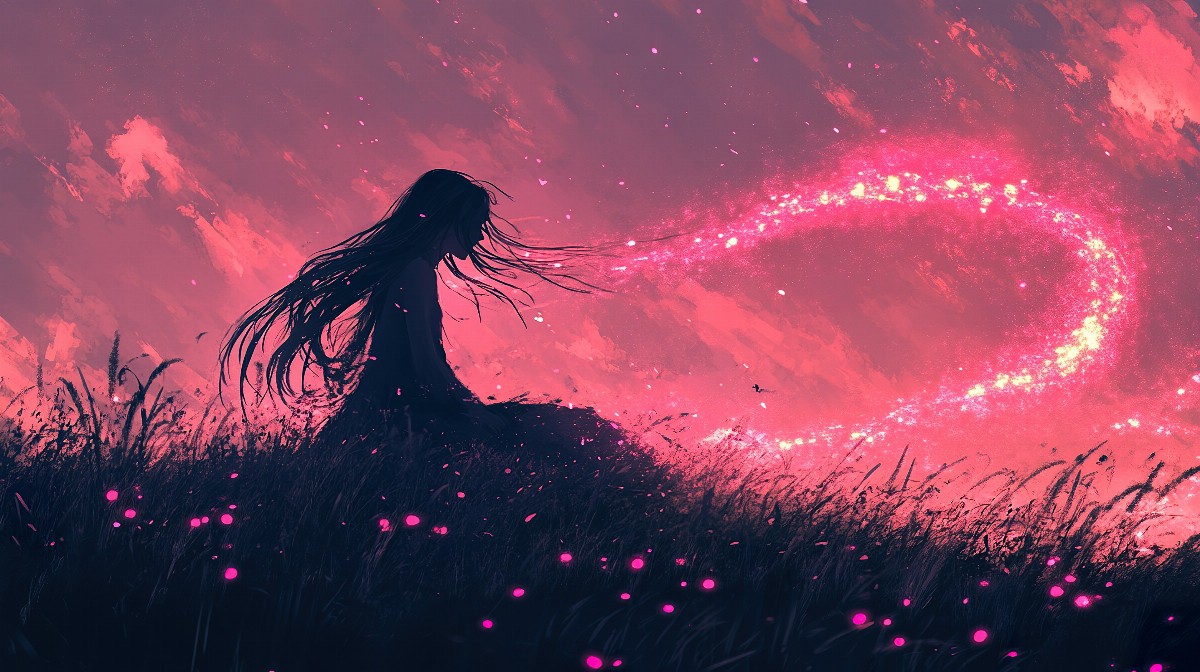 Illustration of a girl with flowing hair sitting in a field with a glowing trail.