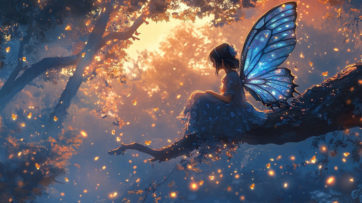 A girl with translucent butterfly wings sitting on a tree branch in a glowing forest.