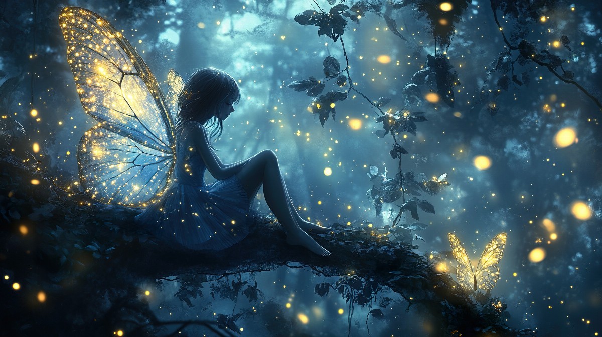 Fairy with glowing wings sitting on a tree stump in a luminous forest.