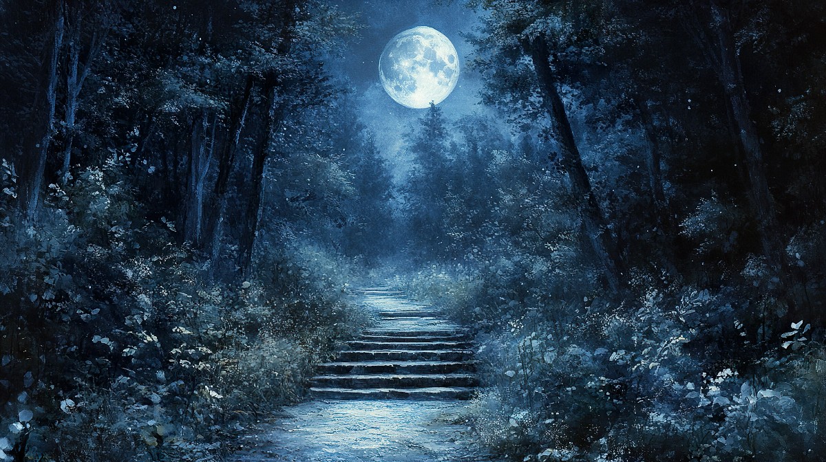 A forest path under a full moon with trees and foliage.