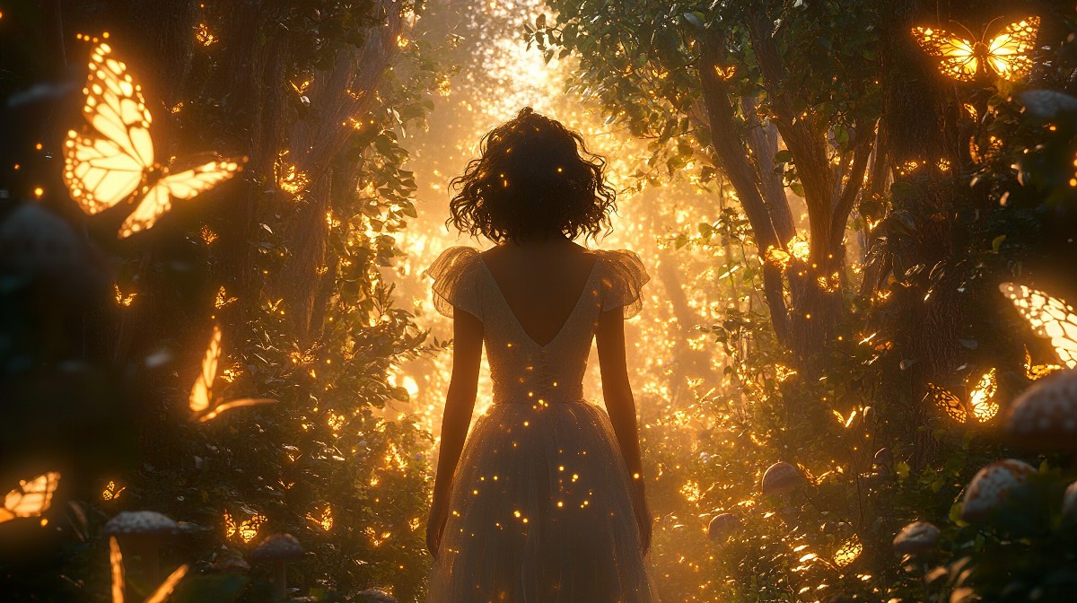Girl in a forest with glowing butterflies around her.