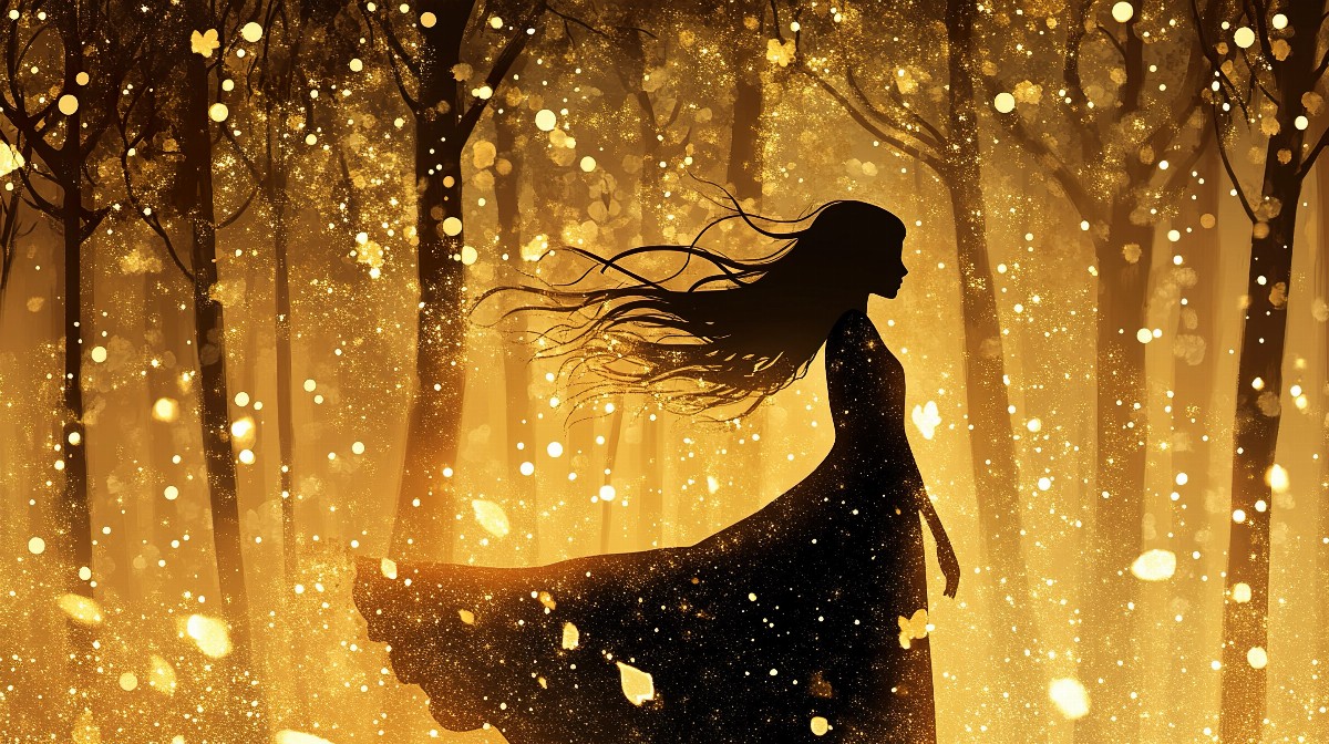 Silhouette of a girl with wavy hair in a glowing forest.