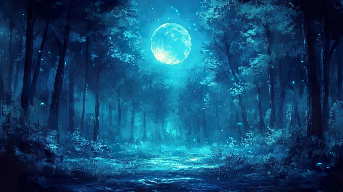 A forest clearing under a full moon with glowing blue hues.