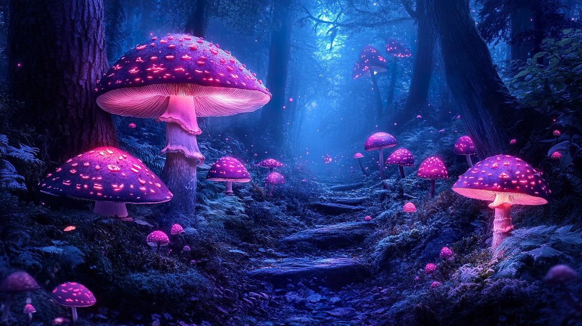 A forest scene with large glowing mushrooms lighting a path.