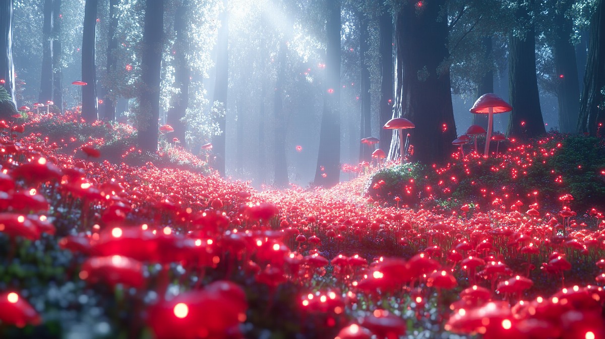 Anime forest landscape with glowing mushrooms under a starry sky.