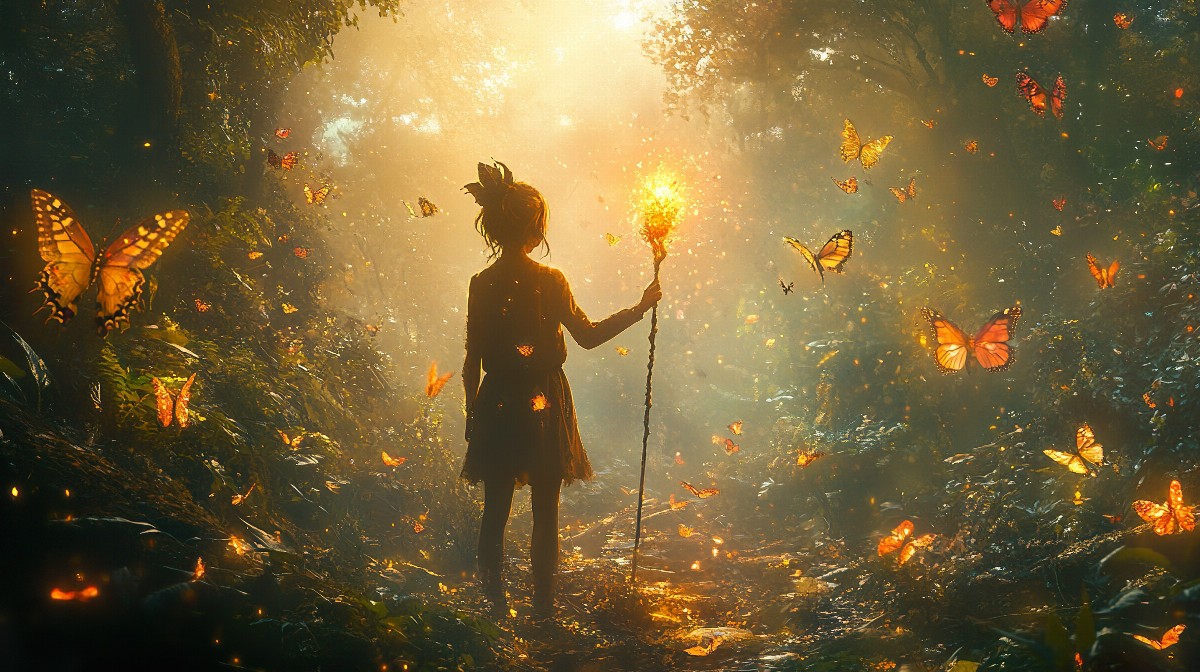 A magical girl holding a glowing staff surrounded by butterflies in a forest.