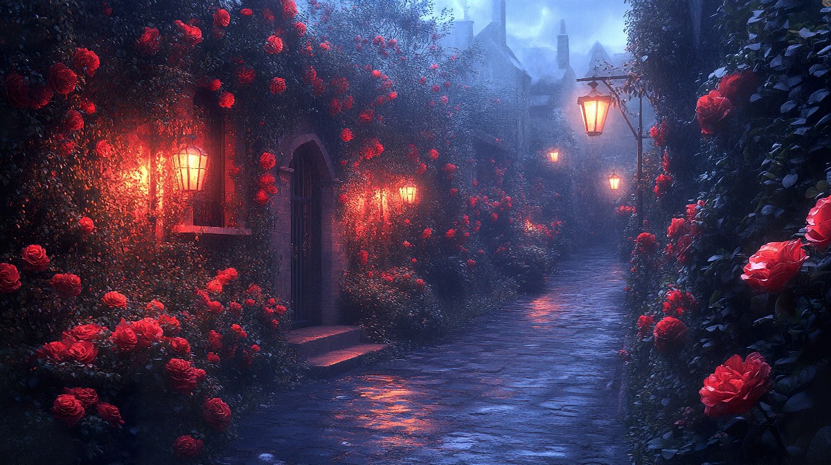 A misty garden path with glowing lanterns and red roses.