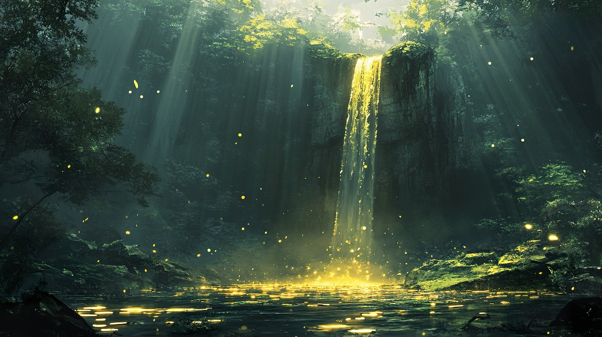 Illustration of a glowing waterfall in a lush, hidden forest with light rays.