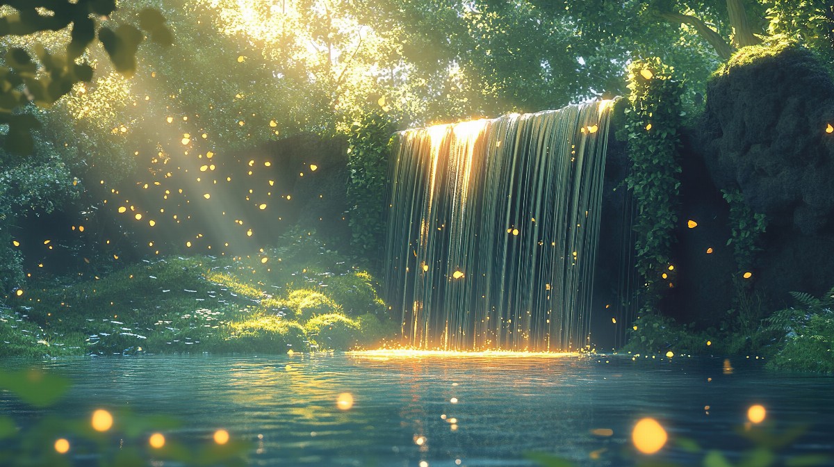 A glowing waterfall in a lush, hidden forest with sunlight filtering through the trees.