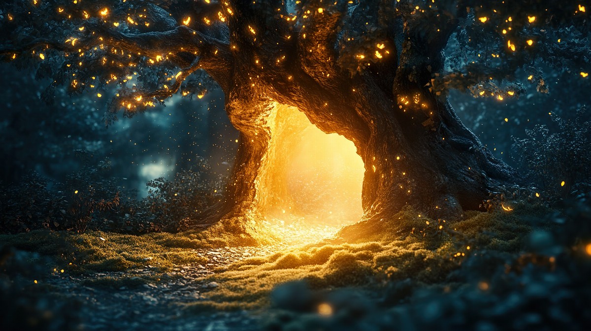 A hollow tree glowing with golden light in a dark forest.