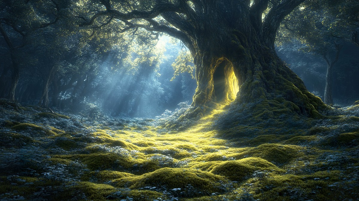 An ancient hollow tree in a sunlit forest with moss-covered ground.