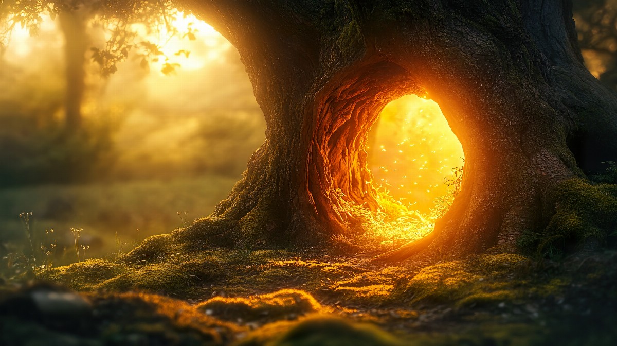 An ancient hollow tree with a glowing interior in a forest setting.
