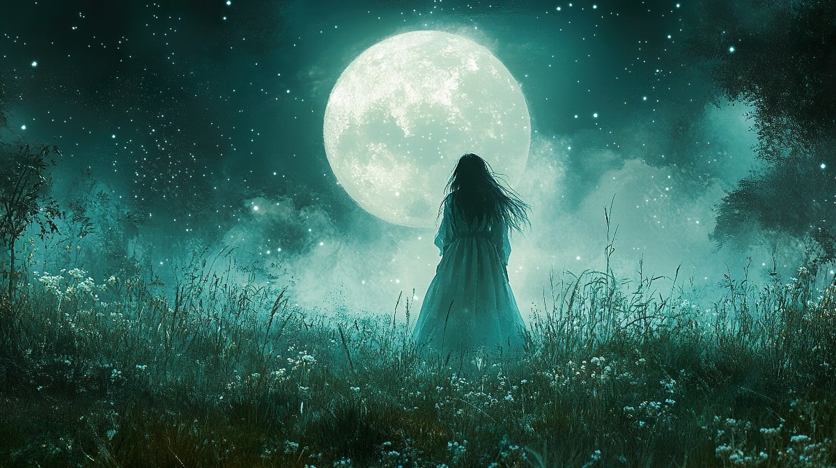 Girl in a velvet dress standing in a field under a full moon.