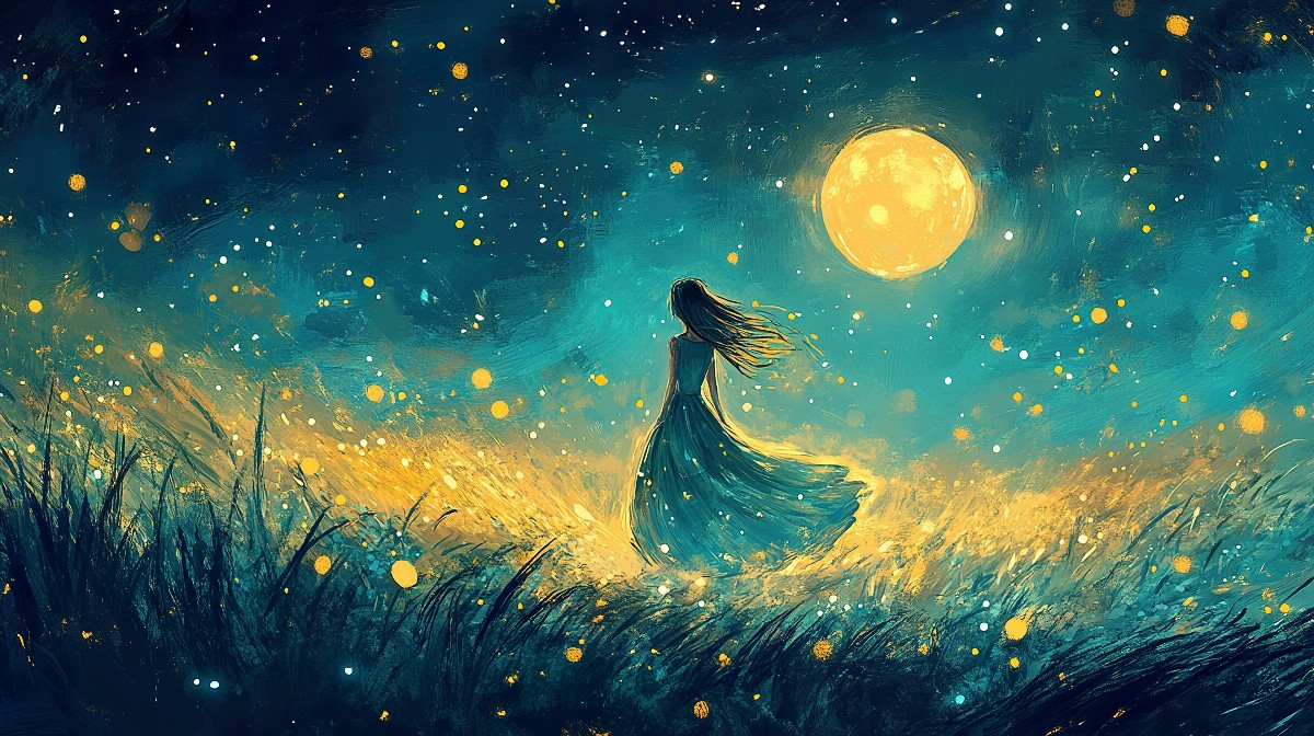 Illustration of a girl in a flowing dress under a starry night sky with a bright moon.