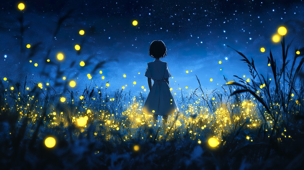 Anime character standing in a field of glowing fireflies at night.