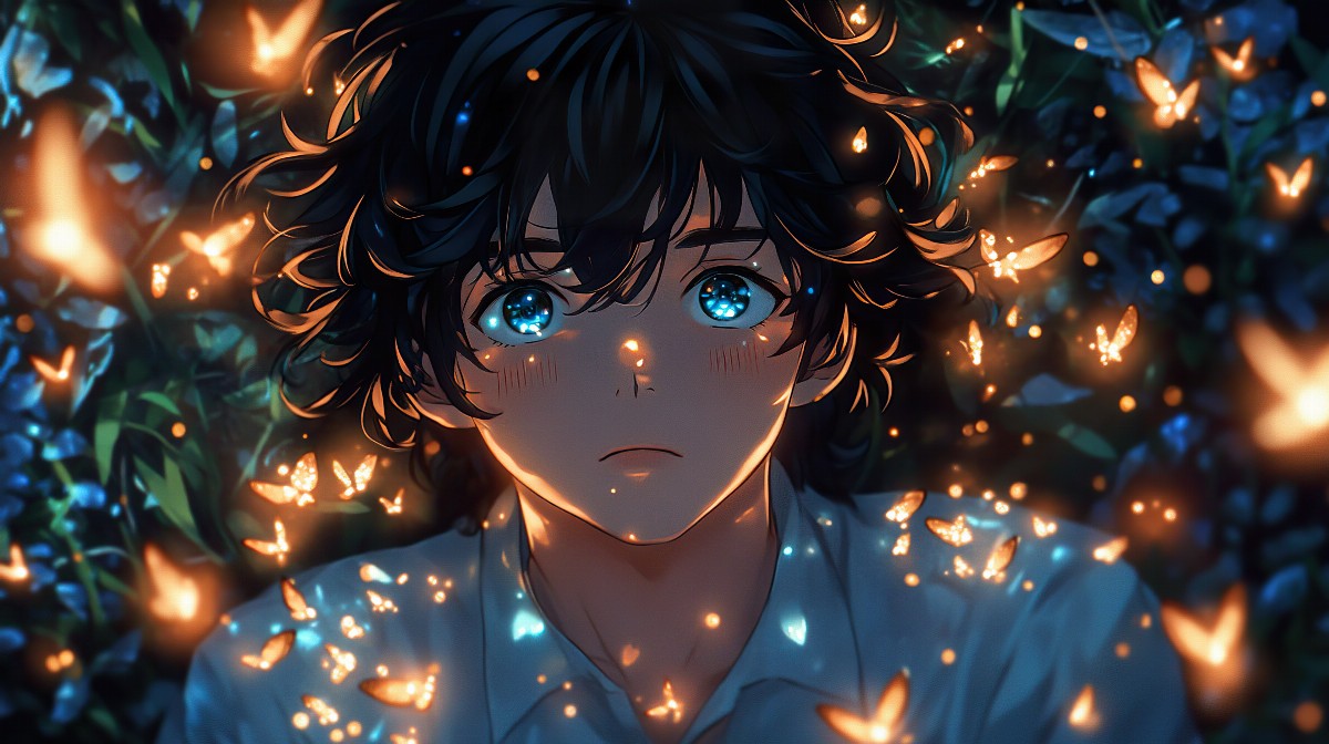 Anime character lying in grass surrounded by glowing fireflies at night.