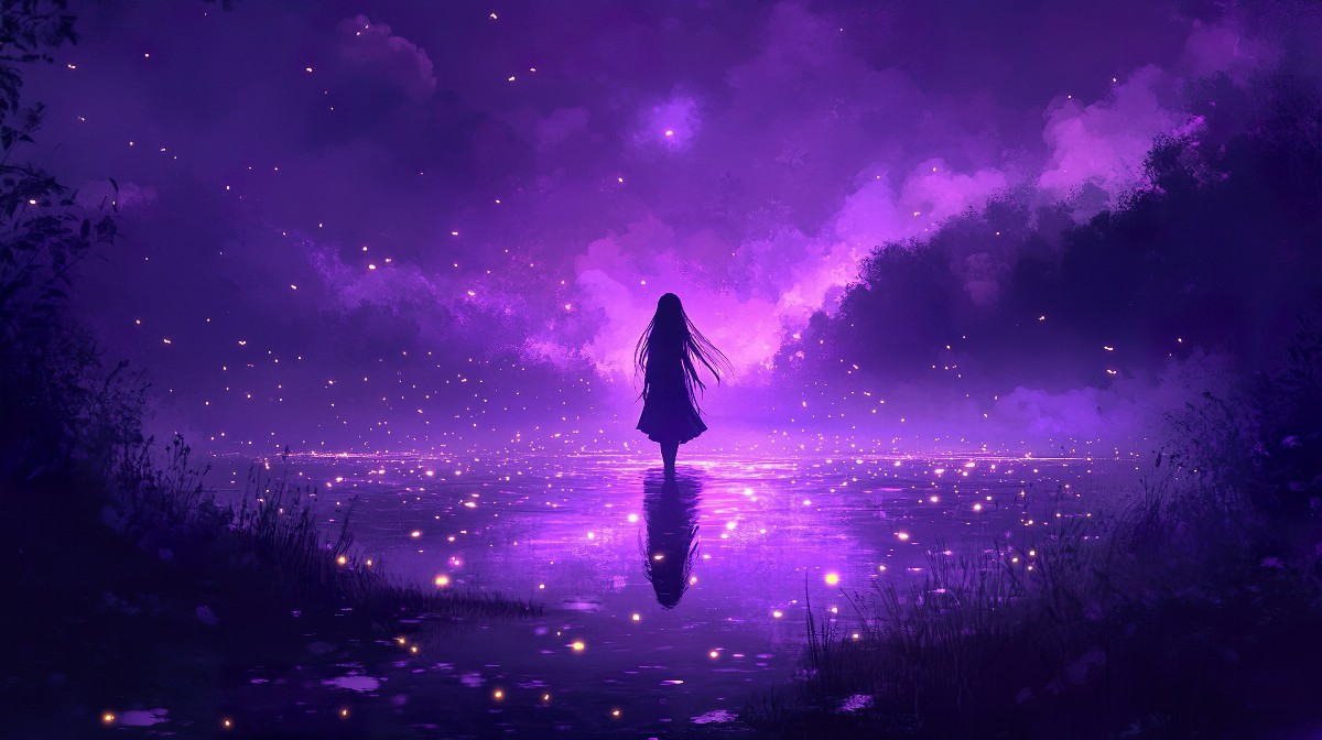 Silhouette of a girl with long hair standing by a glowing lake at night.