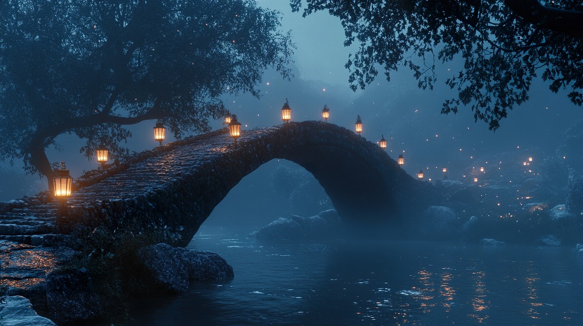 Stone bridge with lanterns over a misty river at night.