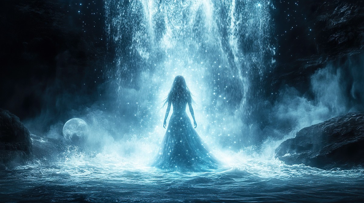 A girl with glowing hair stands under a luminous waterfall at night.
