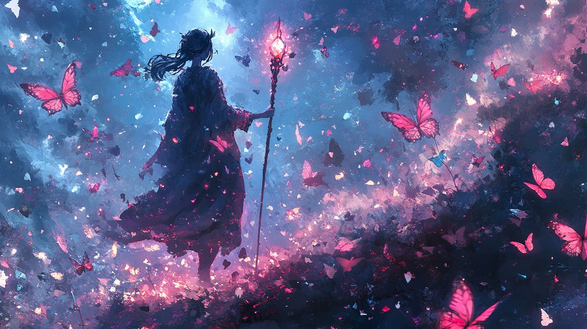 Anime girl holding a glowing staff surrounded by pink butterflies.