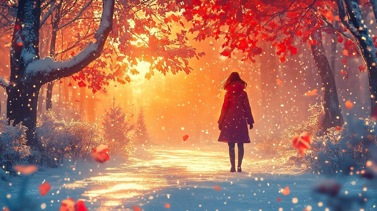 A person in a red coat walking through a snowy forest with autumn leaves.