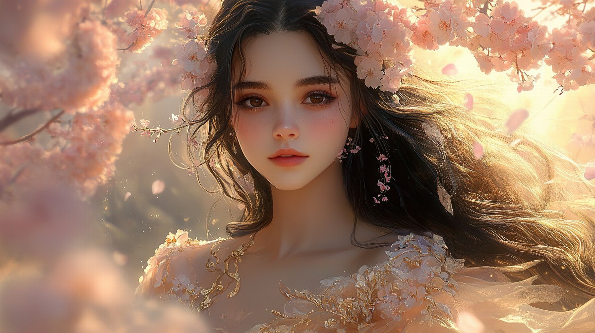 Illustration of a girl with long dark hair and cherry blossoms.