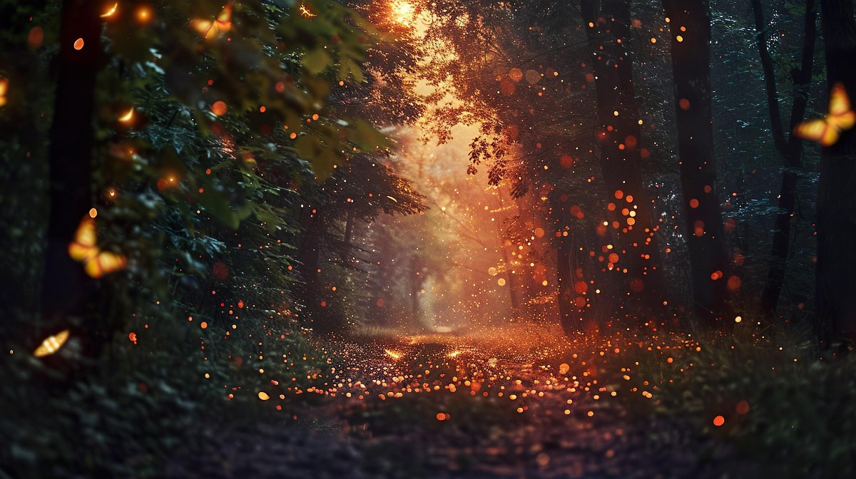 Forest path with glowing fireflies