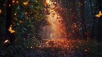 Enchanting Forest Path with Fireflies Wallpaper