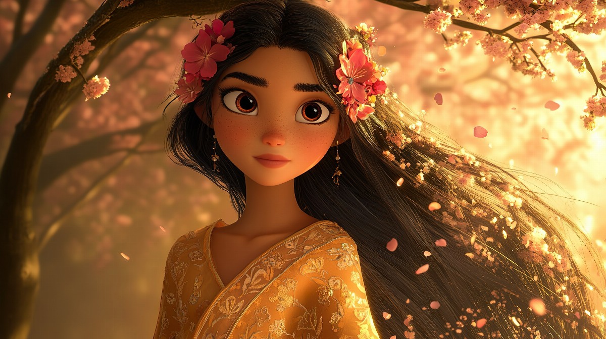 Illustration of a girl with long dark hair adorned with flowers, surrounded by blossoms.