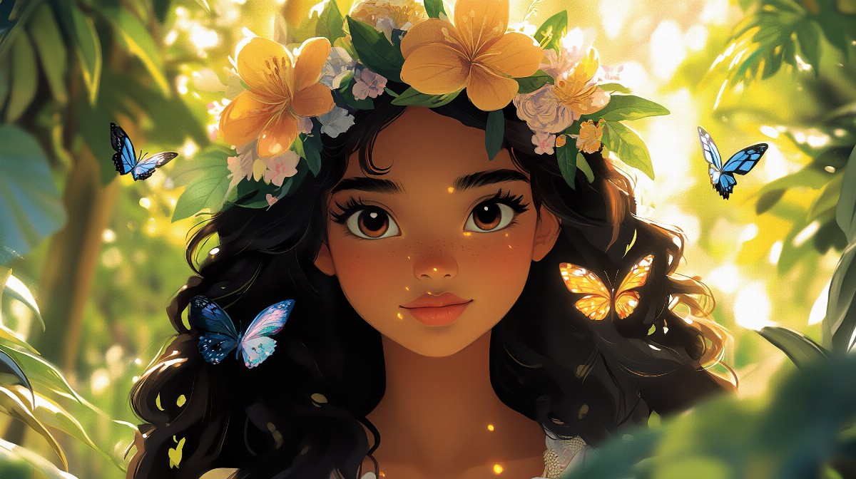 Illustration of a girl with a floral crown and butterflies around her.