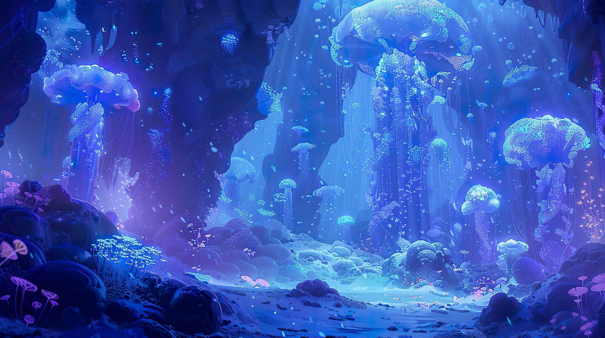Underwater grotto with glowing jellyfish